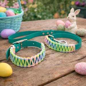 Könnte beinhalten: Ein grünes Hunde-Halsband- und Leinen-Set mit pastellfarbenen gewebten Akzenten. Das Halsband und die Leine haben silberfarbene Metallbeschläge. Ostereier und eine Hasenfigur befinden sich im Hintergrund und deuten auf ein Frühlings- oder Osterthema hin.
