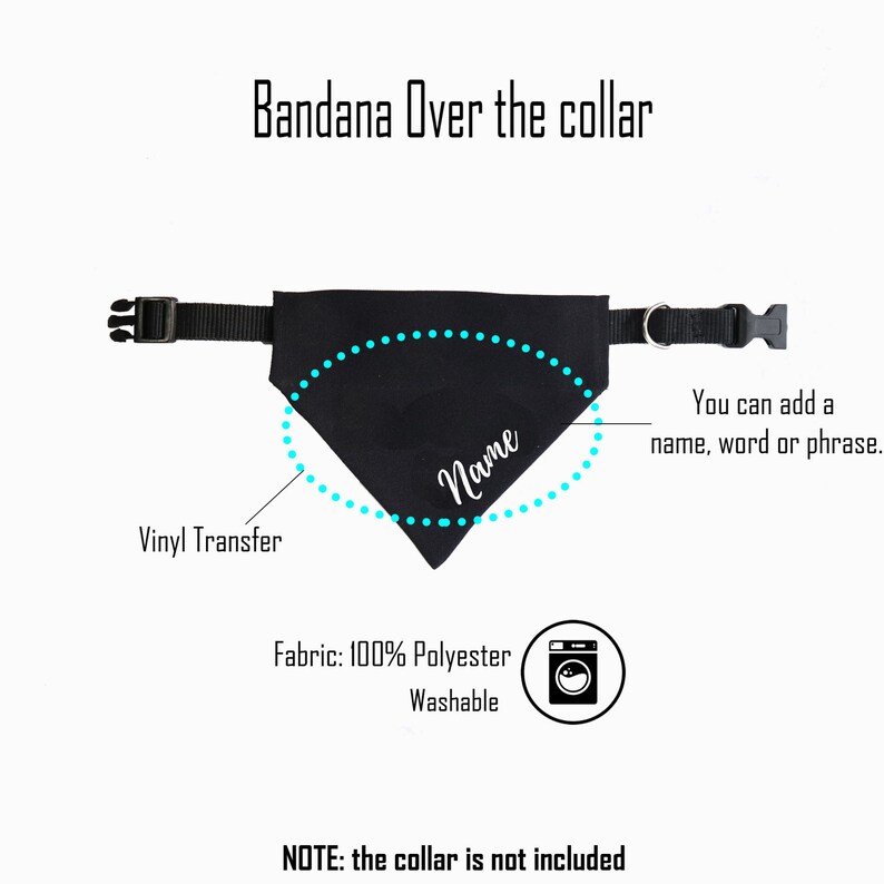 May include: Black bandana with a white vinyl transfer that says "Name". The bandana is designed to be worn over a collar and is made of 100% polyester. It is machine washable.