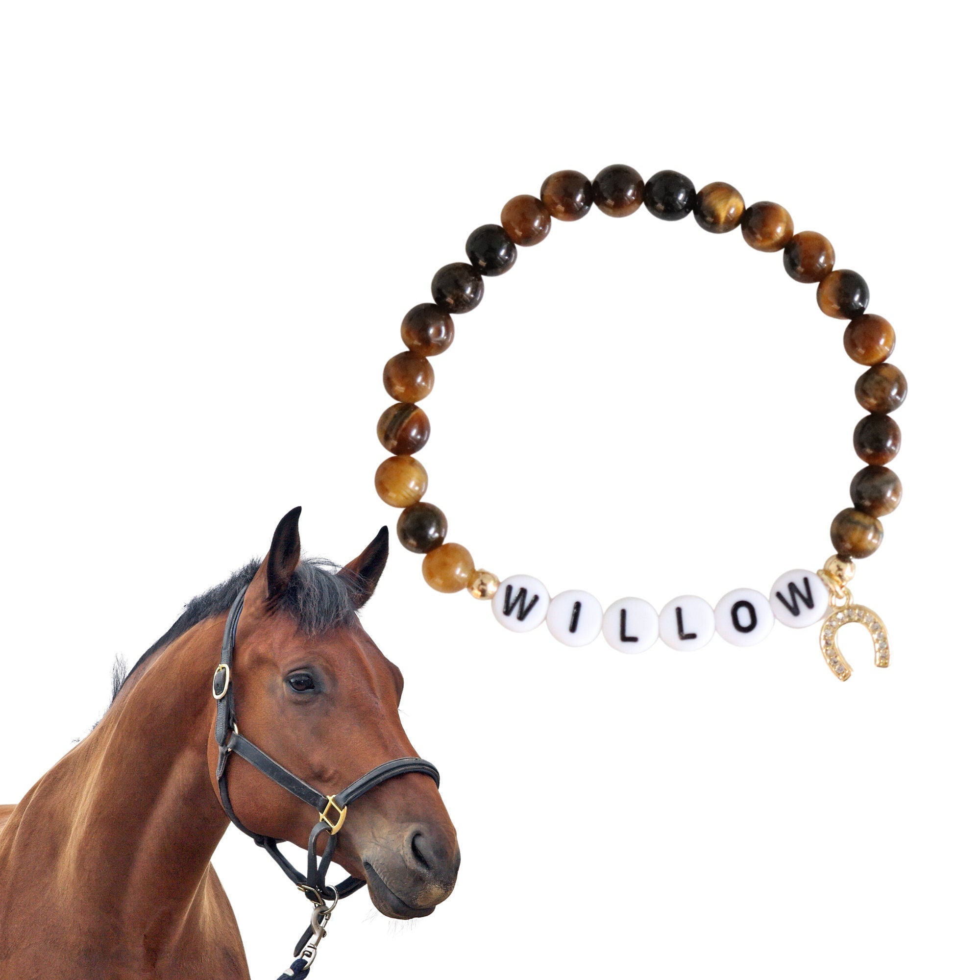 Custom horse name stone bracelet,beaded equestrian bracelet,western horseshoe bracelet, cowgirl gift, lucky bracelet, memorial pet jewelry