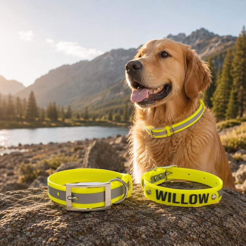 May include: A golden retriever wearing a neon yellow collar with a reflective silver stripe. Two additional neon yellow collars with reflective silver stripes are placed on a rock, one featuring the name WILLOW in bold black capital letters.