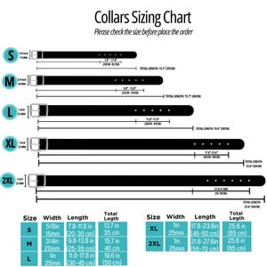 May include: A black collar sizing chart featuring five sizes from S to 2XL. Each size displays a black collar with a silver buckle, width in inches, adjustable neck range from 7.8 to 27.6 inches, and total lengths from 13.7 to 25.6 inches.