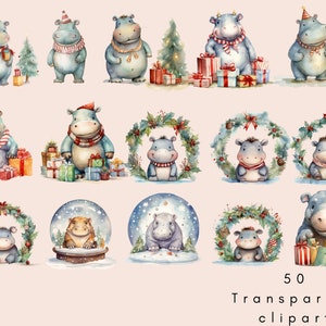 Christmas Hippo Clipart, Christmas Hippo Png, Sublimation Design, Baby