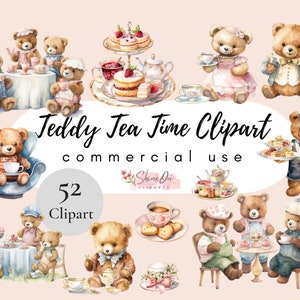 Teddy Afternoon Tea Clipart, High Tea Watercolor Clipart, Girls Tea Party Clipart, Garden Tea Party Clipart, Animal Tea Party Clipart,