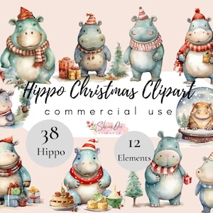 Christmas Hippo Clipart, Christmas Hippo Png, Sublimation Design, Baby
