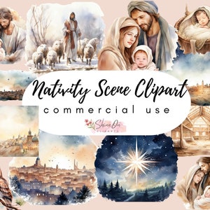 Paquete de imágenes prediseñadas de acuarela de la escena de la Natividad, imágenes prediseñadas de Navidad religiosa, imágenes prediseñadas de la noche de paz, Jesús PNG, imágenes prediseñadas de Pascua del cristianismo religioso