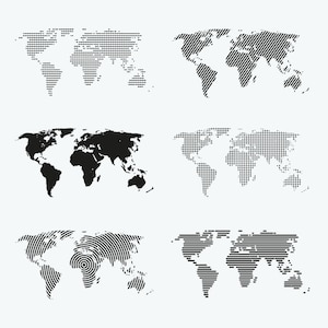 Puede incluir: Seis ilustraciones diferentes de mapas del mundo en blanco y negro. Los mapas están hechos de puntos, líneas y círculos.