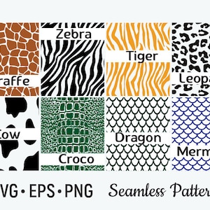 May include: A set of 10 seamless patterns featuring animal prints, including giraffe, zebra, tiger, leopard, cow, crocodile, dragon, and mermaid. The patterns are in black, white, brown, orange, green, and blue.