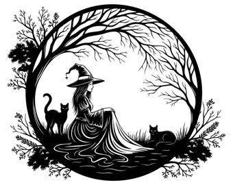 Halloween Witch SVG, Witch and Cats Silhouette, Mystical Circle Frame, Pagan Wicca Cut File, Gothic Cricut