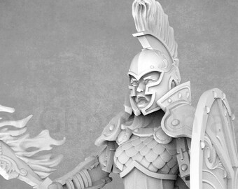 May include: A white plastic miniature figurine of a warrior wearing a helmet with a plume, armor, and holding a sword with flames on the blade and a shield.
