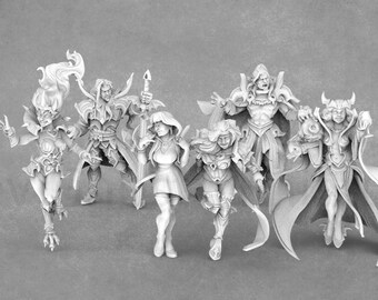 May include: A set of seven miniature figures, all dressed in dark clothing and holding various weapons and accessories. The figures are made of a white, unpainted plastic and are posed in a variety of dynamic stances.