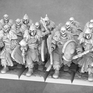 May include: A group of 15 unpainted miniature skeletal warriors with axes and shields. The figures are wearing helmets and fur cloaks. The miniatures are made of plastic and are ready to be painted.
