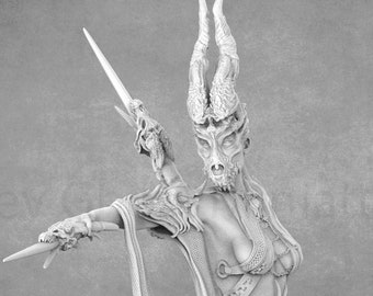 May include: A detailed, white, 3D printed miniature of a female figure with horns, a skeletal face, and a flowing robe. The figure is holding a dagger in each hand.
