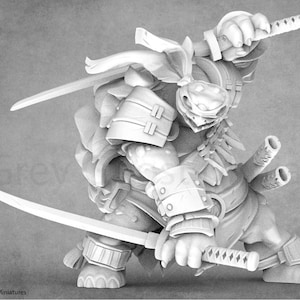 以下が含まれることがあります： 鎧を着て2本の刀を持った侍の白い詳細なミニチュアフィギュア。侍は頭上に1本の刀を上げた戦闘姿勢をとっている。