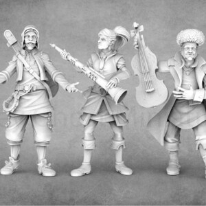 May include: Three miniature figures of fantasy characters, each holding a musical instrument. The figure on the left is holding a bottle and a lute, the middle figure is holding a clarinet, and the figure on the right is holding a cello.