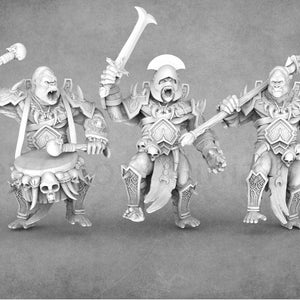 May include: Three gray, detailed miniature figures of gorilla warriors wearing armor and holding weapons. The figures are posed in a dynamic stance, ready for battle.