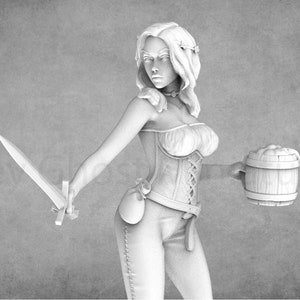 May include: A white 3D printed miniature of a female figure holding a sword in one hand and a wooden bucket in the other. The figure is wearing a corset and trousers.