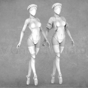 Peut inclure: Deux figurines blanches imprimées en 3D de femmes portant des tenues futuristes et posant en position de marche. Les figurines sont debout sur un fond texturé gris.
