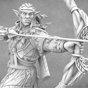 May include: A grayscale 3D model of an elf archer, drawing back a bow and arrow. The elf has pointed ears and is clad in detailed armour. The bow features intricate, stylized carvings.