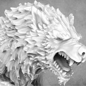 May include: A close-up of a white, snarling wolf sculpture with a textured, furry surface. The wolf's mouth is open, revealing sharp teeth. The sculpture is made of a durable material and is perfect for tabletop gaming or display.