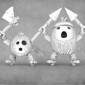 May include: Two white, cartoon-like figures with surprised expressions. The figure on the left is holding a wooden axe, and the figure on the right is holding two spears.