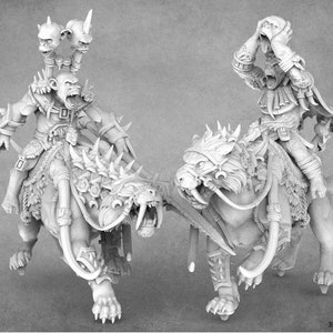 May include: Two miniature figures riding on a beast with sharp teeth and claws. The figures are wearing armor and holding weapons. The beast is a fantasy creature with a long tail and a mane of fur.