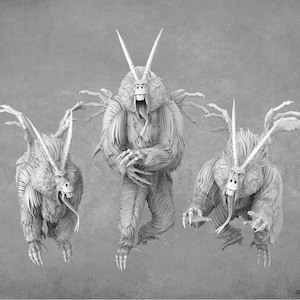 May include: Three grey, detailed, miniature figures of a creature with a long snout, horns, and wings. The creature is in a variety of poses, including standing, crouching, and flying.