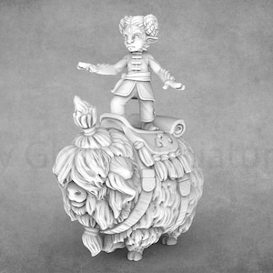 Könnte beinhalten: Eine weiße Miniaturfigur eines kleinen, pelzigen Wesens mit einem Reiter. Der Reiter ist eine humanoide Figur mit spitzen Ohren und einer langen, fließenden Robe. Das Wesen hat einen Sattel und eine Decke auf dem Rücken. Die Figur ist aus weißem Kunststoff.