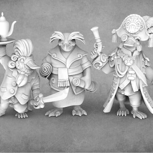 May include: Three miniature figurines of anthropomorphic birds wearing different outfits. The bird on the left is holding a tray with a teapot and a cup. The bird in the middle is wearing a long coat and holding a sword. The bird on the right is wearing a captain's uniform and holding a pistol and a cane.
