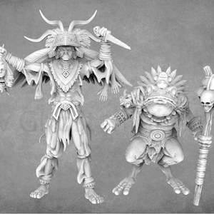 May include: Two detailed miniature figurines, one depicting a human figure with a headdress and holding a knife and a bag of human heads, the other depicting a frog-like creature with a headdress and holding a staff with skulls.
