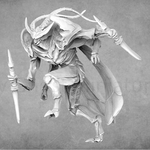 May include: A detailed, grey, plastic miniature of a creature with wings, horns, and sharp claws. The creature is holding a long, thin weapon in one hand and a shorter, curved weapon in the other.