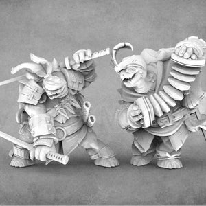 May include: Two grey, 3D printed figurines of turtle-like creatures. One is holding a sword and the other is holding a musical instrument.