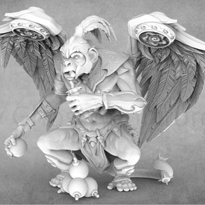 May include: A detailed, white, 3D printed miniature of a winged monkey with a feathered headdress, holding a small sphere in each hand. The monkey is crouched with its wings spread out behind it.