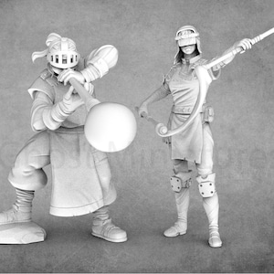 Könnte beinhalten: Zwei weiße 3D-gedruckte Figuren, eine mit Helm und einem Ball in der Hand, die andere mit Helm und einem Stab.