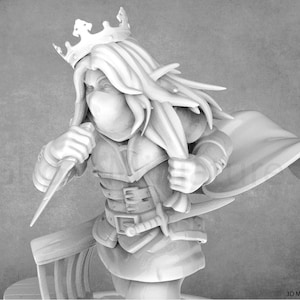 Puede incluir: Una figura en miniatura de plástico blanco de una persona que lleva una corona, una capa y sostiene una daga. La figura está representada en una postura dramática con la capa ondeando detrás de ella.