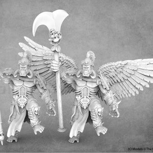 May include: Two white, winged, skeletal figures with horns and skulls on their armor. Each figure holds a staff with a skull at the top. One figure holds a spear in their other hand. The figures are standing on a gray background.