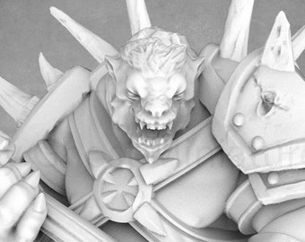 May include: A detailed, white, 3D printed miniature of a snarling, armored, beast-like creature holding a sword. The creature has sharp teeth and claws, and is wearing a helmet with spikes.