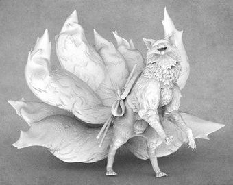 May include: A white, detailed figurine of a kitsune, a Japanese mythical fox with nine tails. The fox is standing on all fours with its head tilted up and its mouth open in a playful expression. The figurine is made of a smooth, white material and has a realistic texture.
