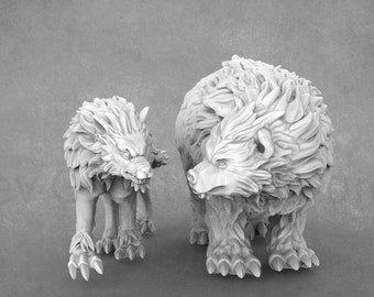 Puede incluir: Dos figuras en miniatura pintadas de blanco que representan un lobo y un oso. El lobo es más pequeño y tiene una postura más agresiva. El oso es más grande y tiene una postura más relajada. Ambas figuras son detalladas y tienen un aspecto realista.