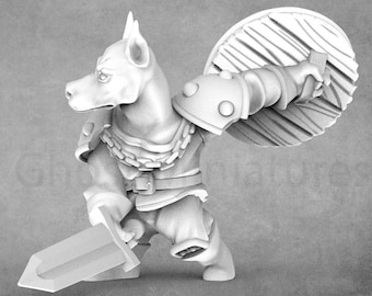 May include: A white, 3D printed miniature of a dog-like creature wearing armour and holding a sword and shield. The creature is in a fighting pose, with its sword raised and its shield held in front of it.