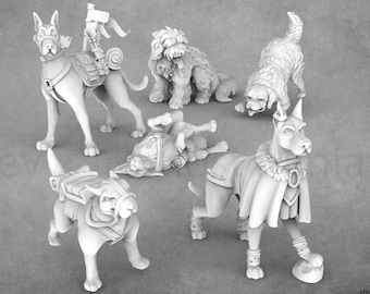 May include: A set of six miniature dog figurines, painted in a white color. The figurines are in various poses, including standing, sitting, and lying down. Some of the figurines are wearing armor and carrying weapons.