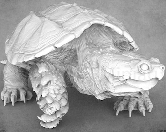 May include: A white, 3D printed model of a snapping turtle. The turtle is walking forward with its head turned to the right. The model is detailed and realistic, showing the turtle's scales, claws, and eyes.