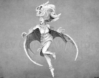 May include: A white 3D printed miniature of a female demon with wings, fangs, and long hair. The demon is in mid-air with its wings spread out.