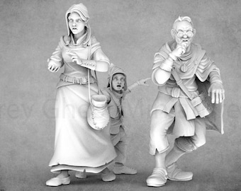 May include: A grayscale 3D-printed miniature scene featuring three figures. A woman in a long dress and a man with glasses are in a state of alarm, with a child between them. The figures are detailed, suggesting a fantasy or historical theme.