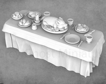 Pode incluir: Uma toalha de mesa branca cobre uma mesa posta para um banquete. Um porco assado é a peça central, rodeado por pratos de comida, taças e talheres.
