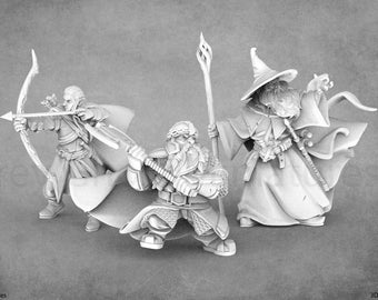 May include: Three miniature figurines of fantasy characters: an elf with a bow and arrow, a dwarf with an axe, and a wizard with a staff and a flowing robe.