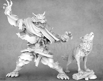 May include: A white, detailed miniature of a werewolf with a torn cloak, snarling and lunging forward, with a smaller wolf miniature howling behind it.
