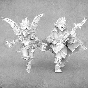 May include: A white 3D printed miniature of a fairy with wings and goggles, holding a wrench, and a goblin playing a lute.