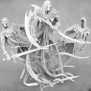 May include: Three skeletal figures in hooded robes, each wielding a sword and a curved blade, appear to be floating in mid-air. The figures are rendered in a white, ghostly material, creating a haunting and ethereal effect.