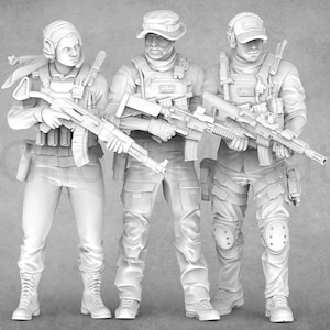 May include: Three white plastic figures of soldiers wearing tactical gear and holding rifles. The figures are posed in a standing position with their rifles pointed forward.