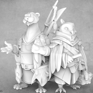 May include: A grayscale image of two fantasy figurines. One is a bear-like creature with a belt and fish-shaped accents. The other is an owl-like figure with a cape, holding a scroll and basket. Swords and a bow are visible.